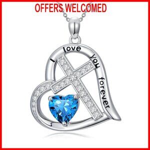 Sterling Silver Heart Cross Pendant Necklace 18+2 Inch Chain